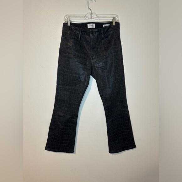 Frame Le Crop Mini Boot Croc Effect Denim Black Sz 31 Retro High Rise - Picture 5 of 6